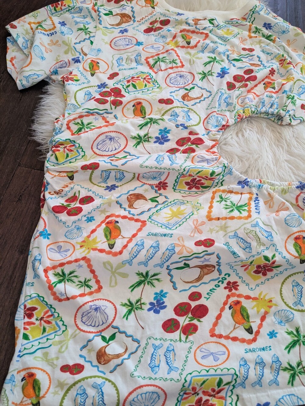 Celandine Cutout T-Shirt Mini Dress Tropical Sardine Tomato Summer Print L Large - Picture 4 of 8
